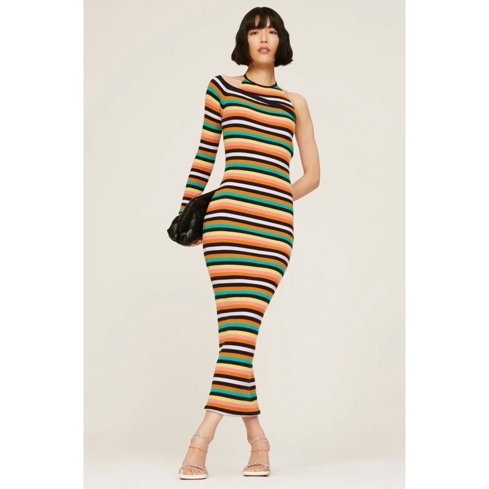 B42 Monse Striped Maxi Dress XS Colorful Asymmetric Wool Bodycon One Sleeve